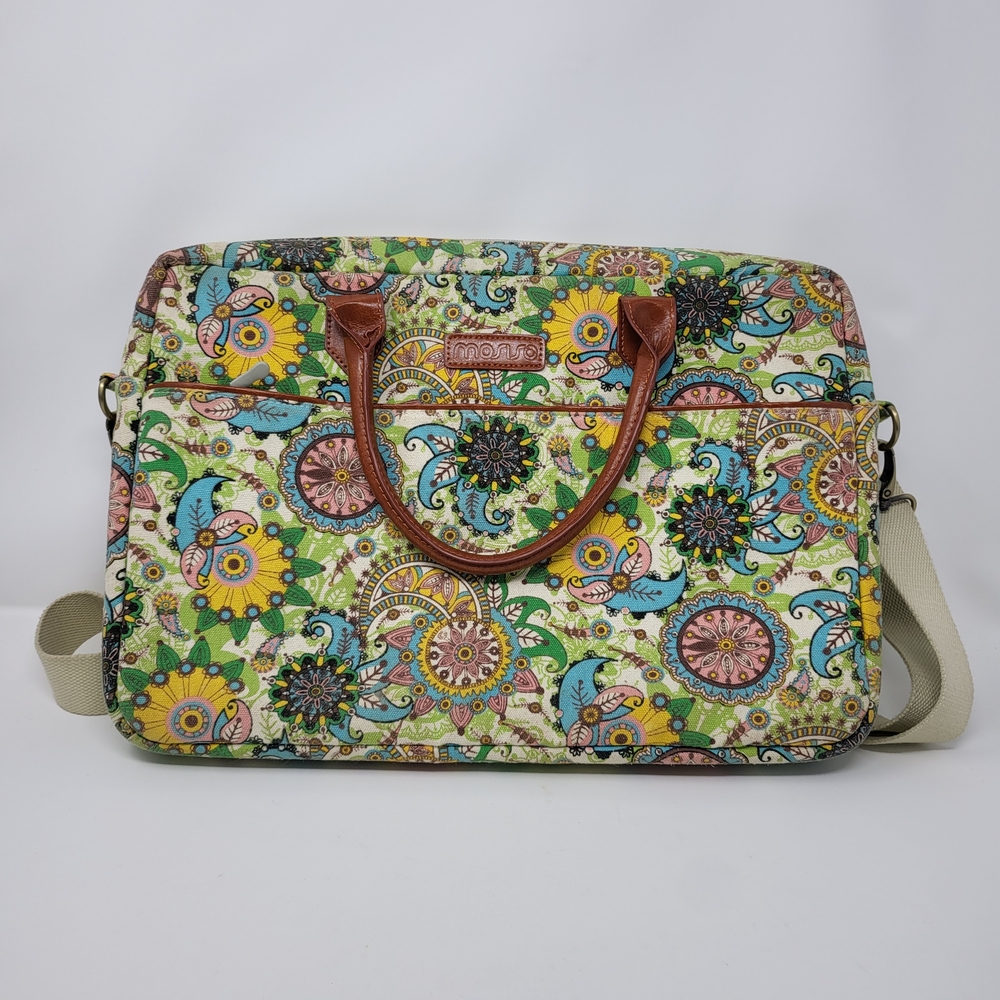 Mosaic Floral Quilted Laptop Bag with Leather Handles - Green Multi